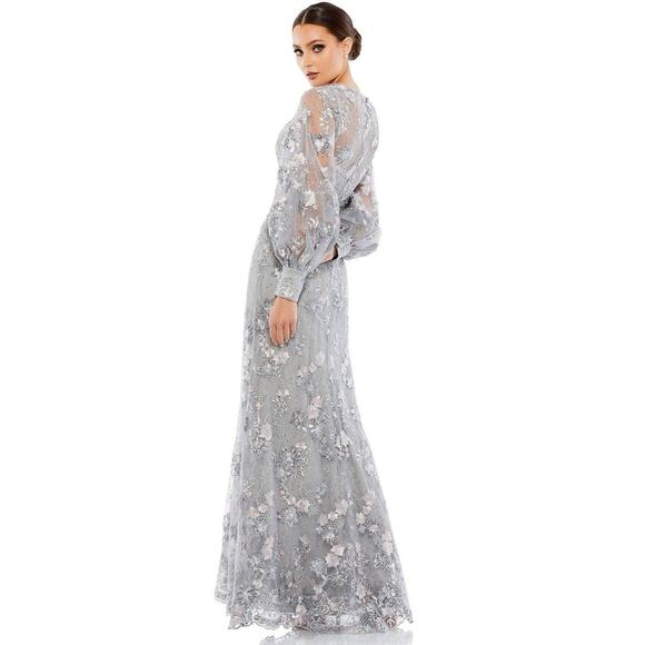 Mac Duggal Platinum Gray Sequin Floral Embroidered Long Sleeve Gown Sz 18 Formal - Picture 15 of 15